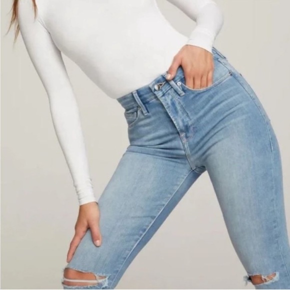 Good American Good Waist Jeans Raw Edge Distressed Style GWCFH367T Size 0 / 25 - Picture 3 of 7